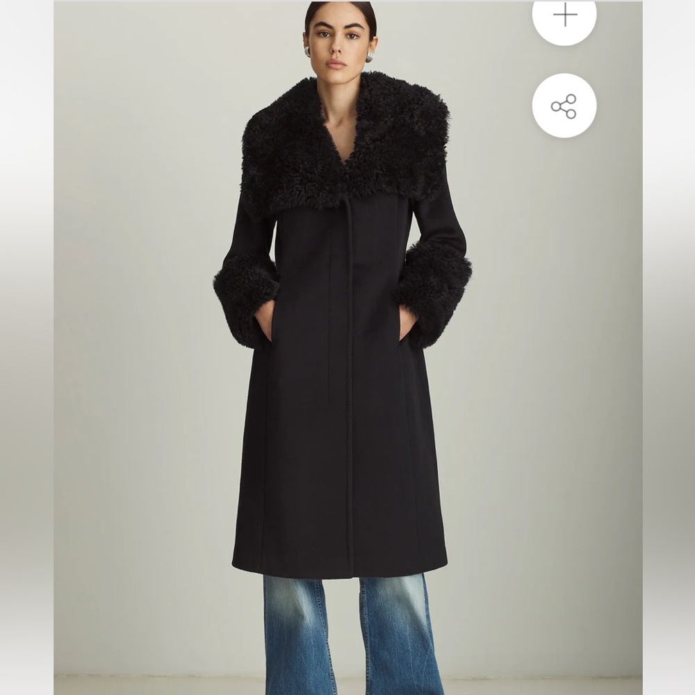 Stunning (like new) Dawn Levy Designer Wool Black Faux Fur Trim Long Coat